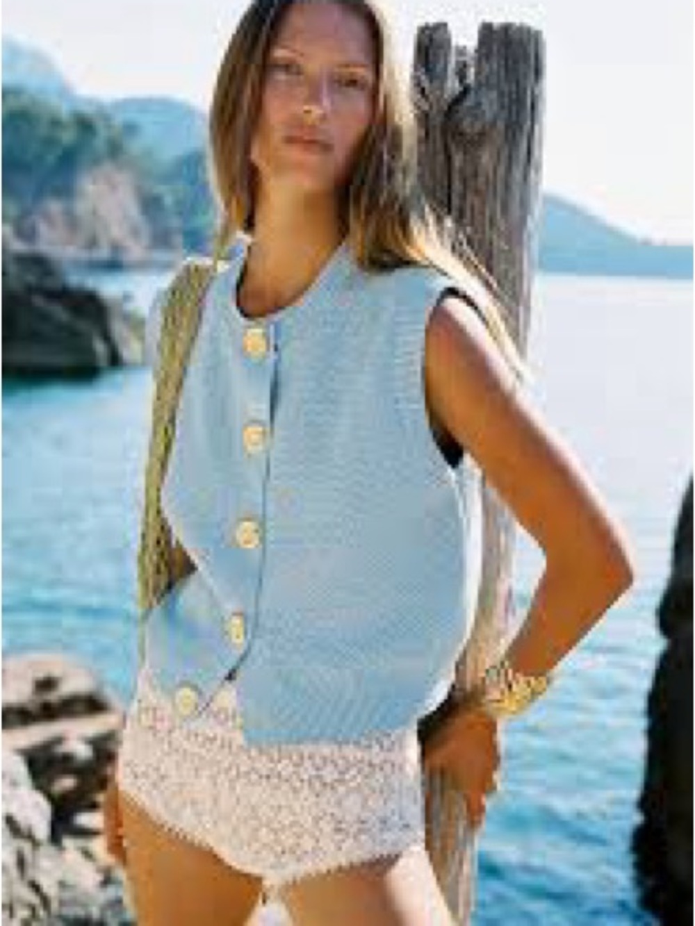 Zara Gold Shell Button Structured  Knit Vest - Baby Blue - Picture 2 of 7